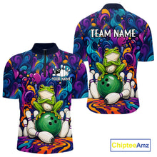 Load image into Gallery viewer, Personalized colorful funny frog bowling team quarter zip shirt for men, custom bowling league jersey with colorful frog artwork.
