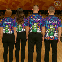 Load image into Gallery viewer, Bowling team wearing matching colorful funny frog bowling jerseys back view.