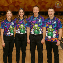 Load image into Gallery viewer, Bowling team wearing matching colorful funny frog bowling jerseys front view.