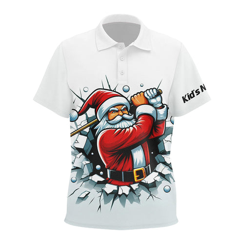 Funny White Crack Wall Kid Golf Polo Shirts Custom Santa Playing Golf Outfit Christmas Golfing Gift TDM3177