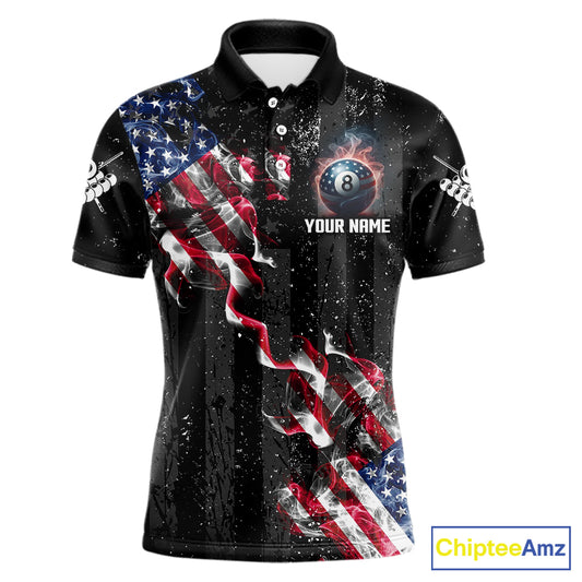 Custom US Flag Smoke 8 Ball Pool Billiard Shirt For Men, 3D Patriotic Billiard Team Jersey TDM5692