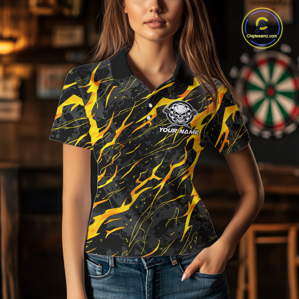 Black Yellow Skull Lightning Splash Darts Shirt For Women Custom Darts Jersey Team Polo & 1/4 Zip TDM5893