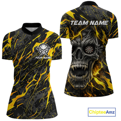 Black Yellow Skull Lightning Splash Darts Shirt For Women Custom Darts Jersey Team Polo & 1/4 Zip TDM5893