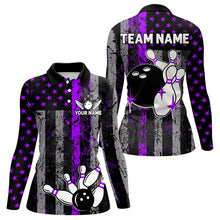 Load image into Gallery viewer, Purple And Black Grunge American Flag Patriotic Bowling Shirts For Women Custom Bowling Team Jerseys TDM3697