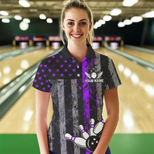 Load image into Gallery viewer, Purple And Black Grunge American Flag Patriotic Bowling Shirts For Women Custom Bowling Team Jerseys TDM3697