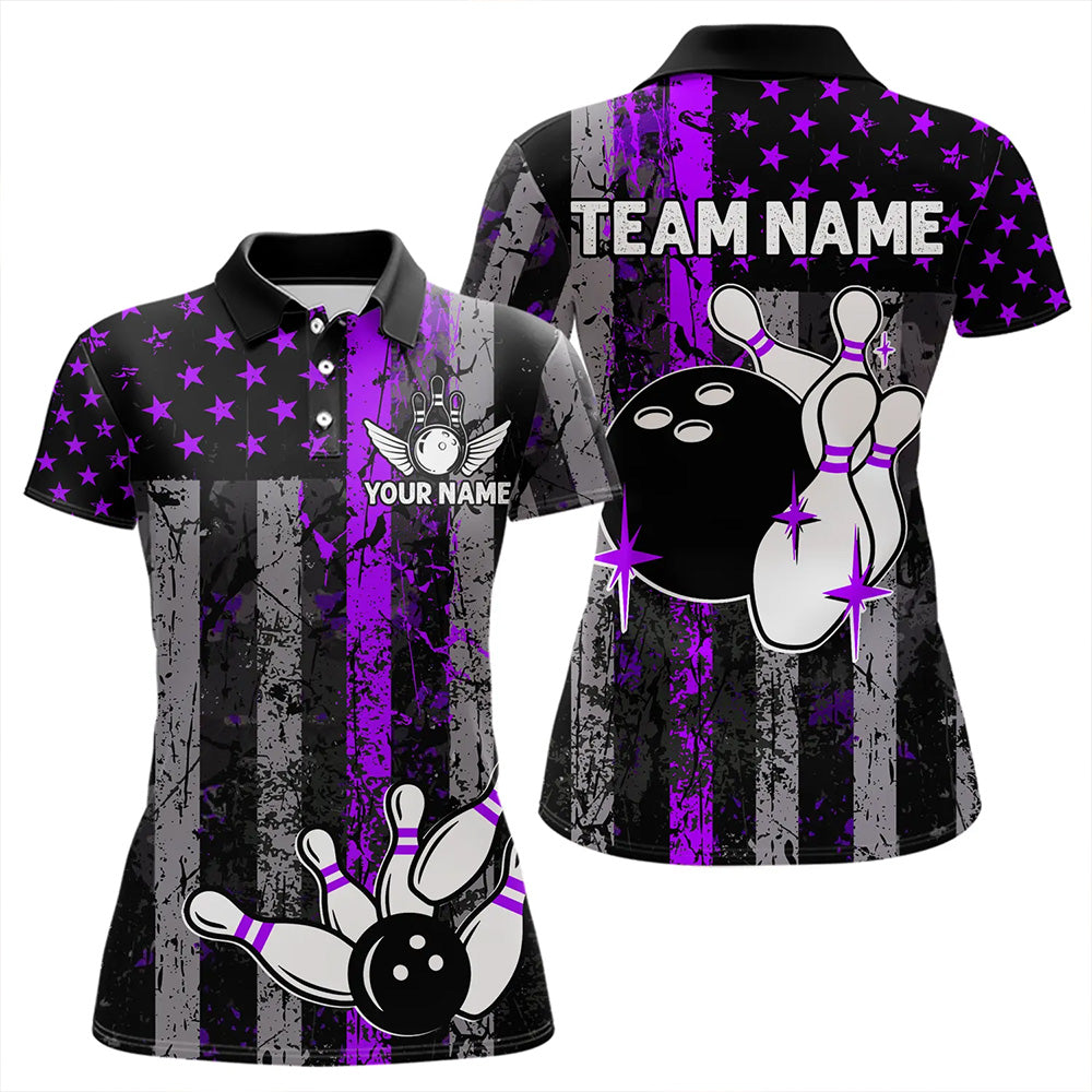 Purple And Black Grunge American Flag Patriotic Bowling Shirts For Women Custom Bowling Team Jerseys TDM3697