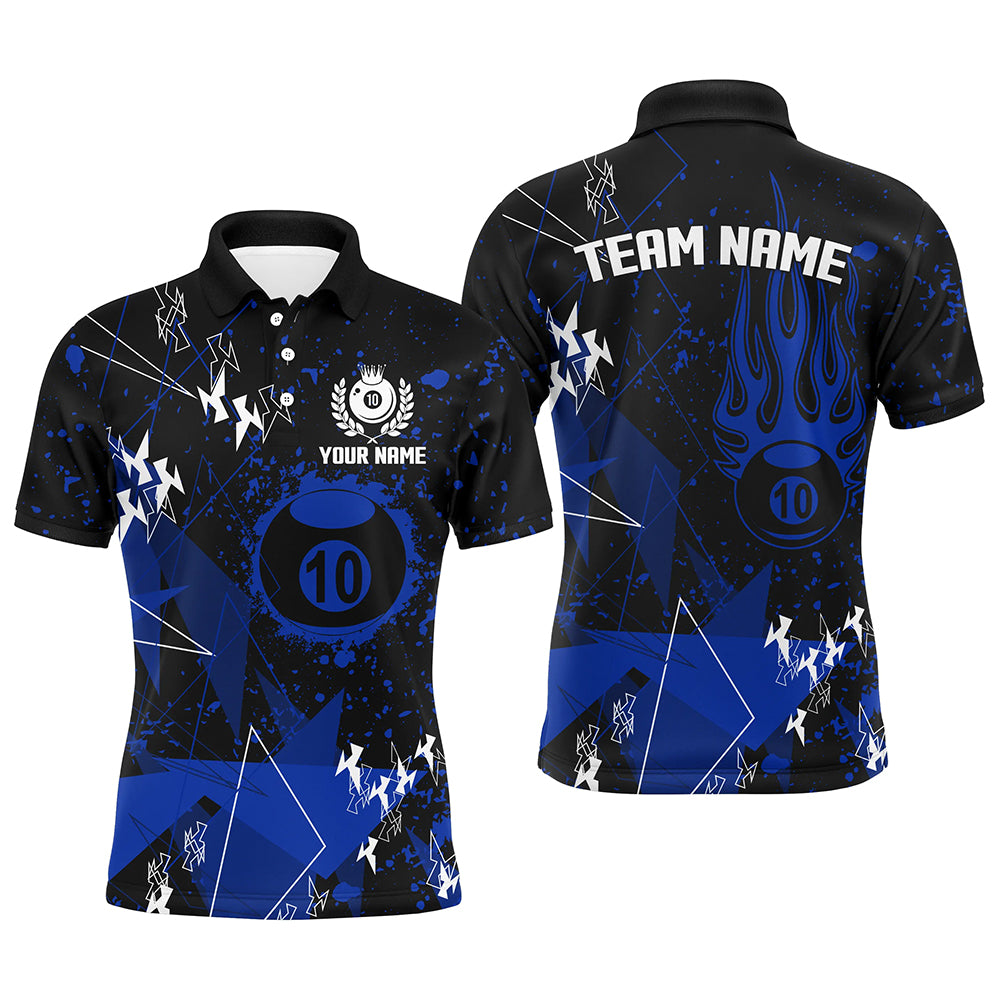Personalized Blue Grunge 10 Ball Billiard Men Polo Shirts, Custom Billiard Jersey For Pool Player TDM1410