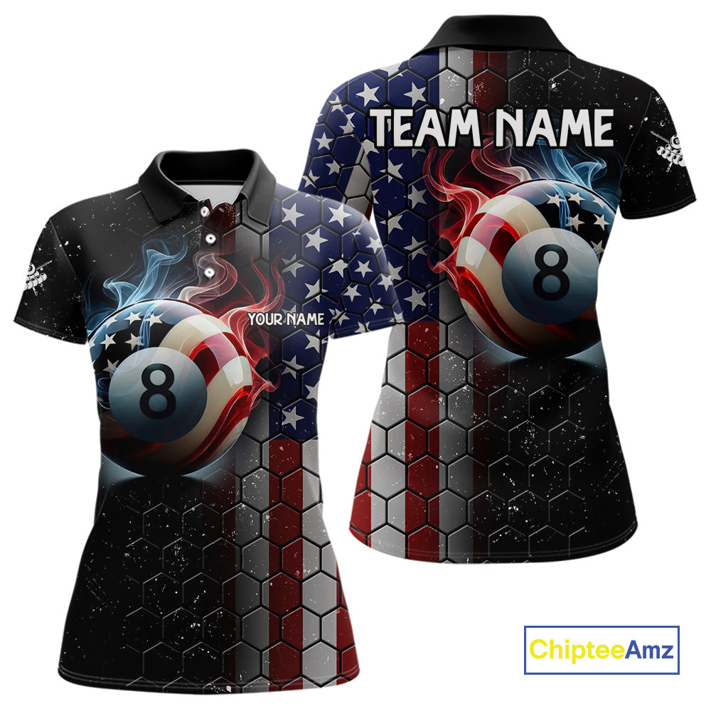 Custom Billiard Jersey For Women, 8 Ball Pool Shirt With American Flag, Billiard Polo & 1/4 Zip Shirt TDM3867