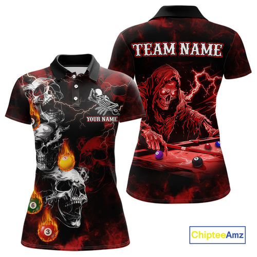 Personalized Red Smoke Skull Billiard Shirts For Women Custom Death Skeleton Billiard Jerseys TDM3869