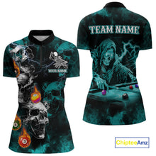 Load image into Gallery viewer, Personalized Turquoise Smoke Skull Billiard Shirts For Women Custom Death Skeleton Billiard Jerseys TDM3871