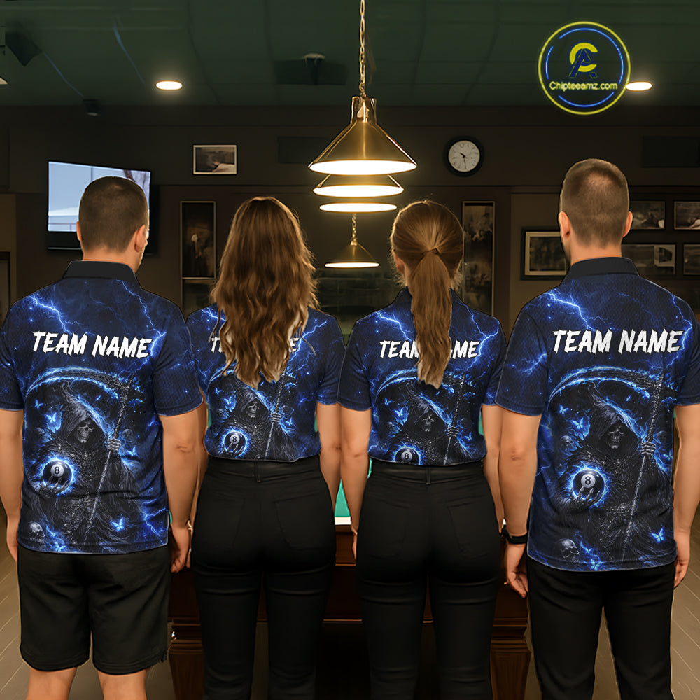 Blue 8 Ball Pool Grim Reaper Billiard Shirt For Women Custom Billiard Team Jersey Polo & 1/4 Zip TDM6300
