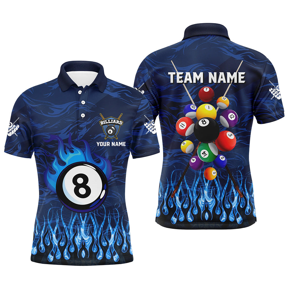 Personalized Fire Flame 3D Billiard Balls Men Polo Shirts Custom Blue Billiard Jersey Attire TDM1412