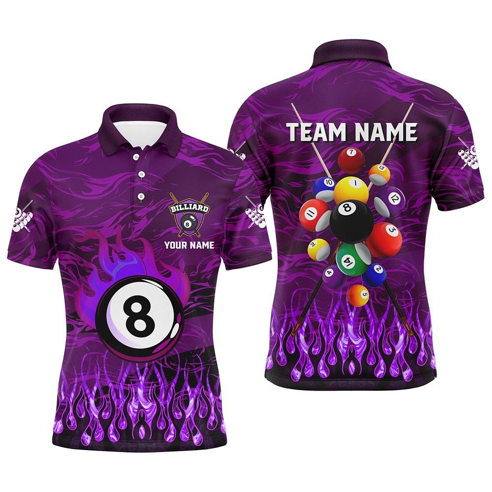Personalized Fire Flame 3D Billiard Balls Men Polo Shirts Custom Purple Billiard Jersey Attire TDM1413
