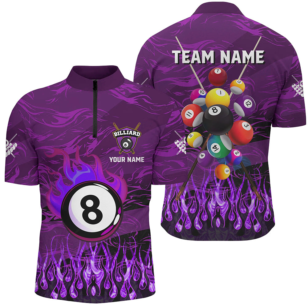 Fire Flame Purple 3D Billiard Balls Men Quarter-Zip Shirts Custom Billiard Jersey Attire TDM1413