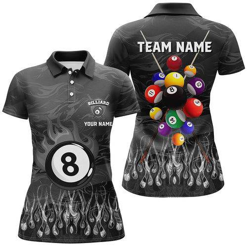 Personalized Fire Flame 3D Billiard Balls Women Polo Shirts Custom Black Billiard Jersey Attire TDM1414