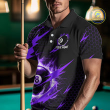 Load image into Gallery viewer, Man wearing a purple 8 ball thunder lightning billiard jersey beside a pool table front view.