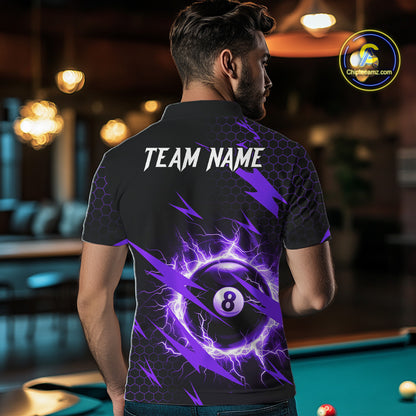 Back view of man wearing a purple thunder lightning 8 ball pool shirt in a billiards hall.