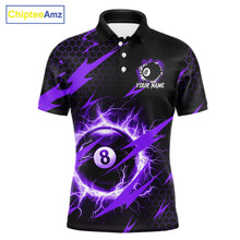Load image into Gallery viewer, Purple 8 ball thunder lightning billiard polo shirt for men with custom team graphics.