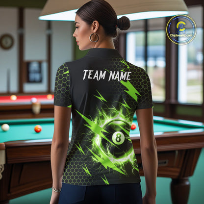 Back view of woman wearing a green thunder lightning 8 ball pool shirt in a billiards hall.