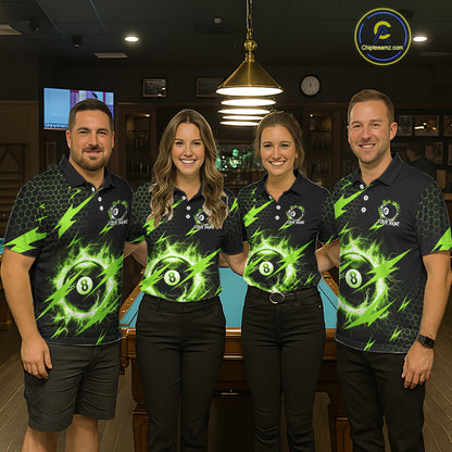 Pool team wearing matching green 8 ball thunder lightning billiard jerseys during league matches front view.