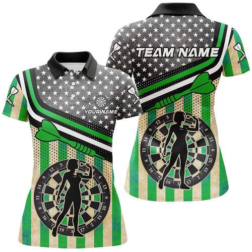 Personalized Green Retro American Flag Darts Shirts For Women Custom Patriotic Darts Player Jerseys TDM1993