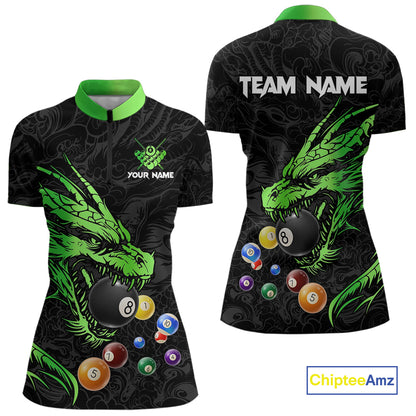 Personalized Green Black 3D Dragon Billiard Balls Pool Shirt For Women, Billiard League Team Jersey TDM4341