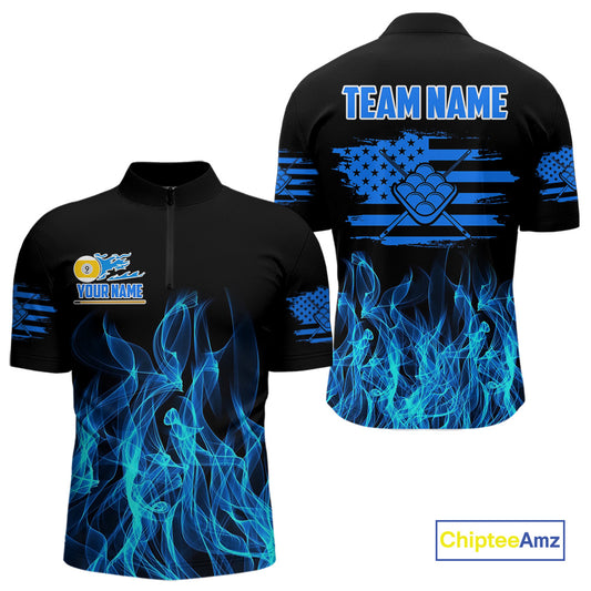 Blue Flaming US Flag 9 Ball Billiard Shirt For Men Custom Patriotic Pool Player Team Jersey TDM4547