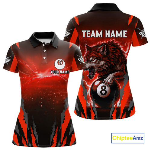 Personalized Thunder Lightning Wolf Billiard Shirt For Women, 8 Ball Billiard Team Jerseys |Red TDM4549