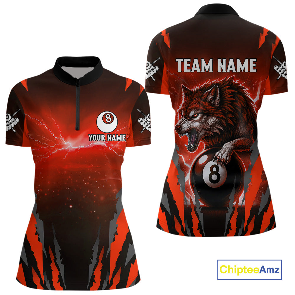 Personalized Thunder Lightning Wolf Billiard Shirt For Women, 8 Ball Billiard Team Jerseys |Red TDM4549