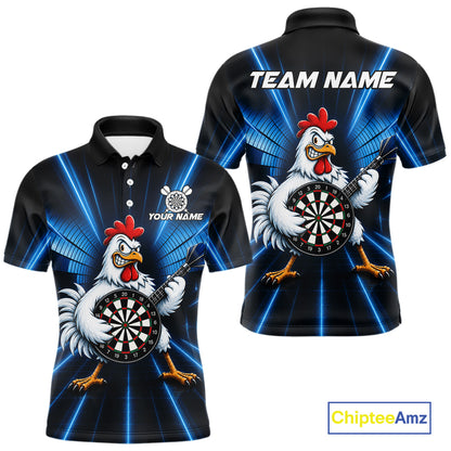 Blue Funny Chicken Playing Dartboard Guitar Custom Darts Shirts For Men, Darts Team Jersey TDM7202