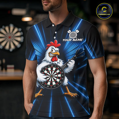 Blue Funny Chicken Playing Dartboard Guitar Custom Darts Shirts For Men, Darts Team Jersey TDM7202