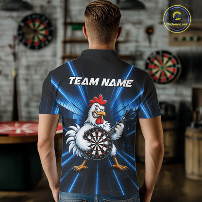 Blue Funny Chicken Playing Dartboard Guitar Custom Darts Shirts For Men, Darts Team Jersey TDM7202