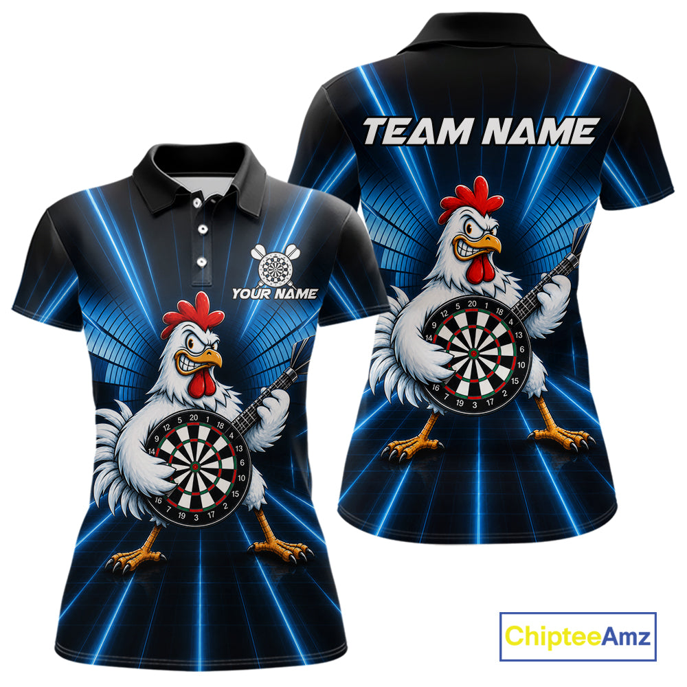 Blue Funny Chicken Playing Dartboard Guitar Custom Darts Shirts For Women, Darts Team Jersey TDM7202
