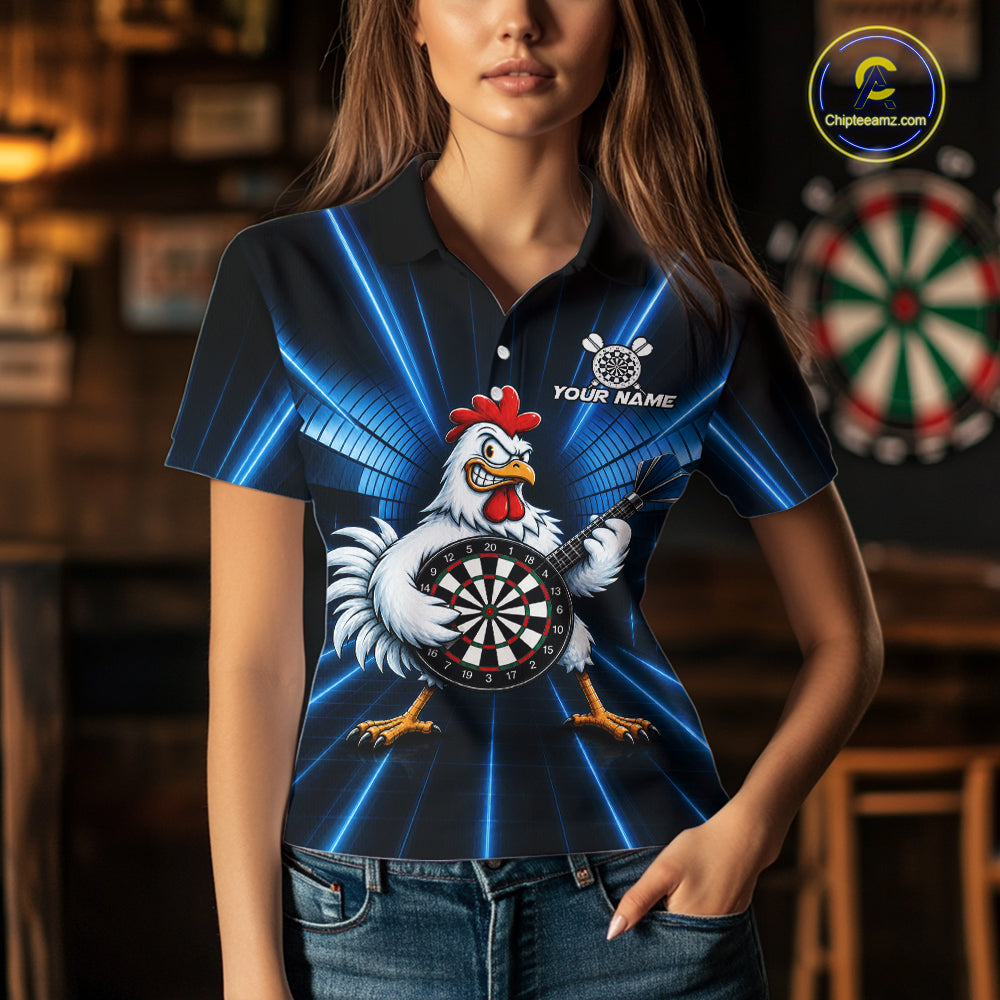 Blue Funny Chicken Playing Dartboard Guitar Custom Darts Shirts For Women, Darts Team Jersey TDM7202