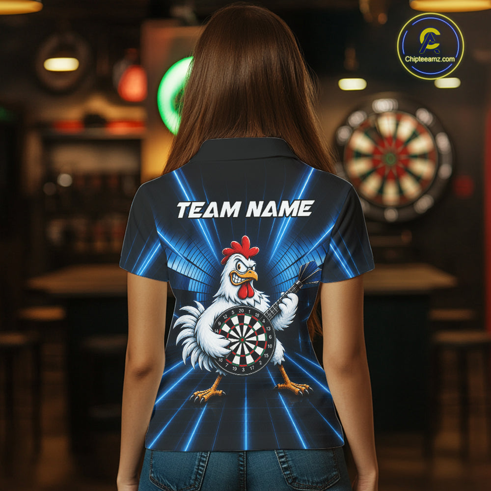 Blue Funny Chicken Playing Dartboard Guitar Custom Darts Shirts For Women, Darts Team Jersey TDM7202