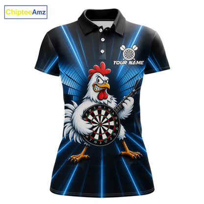 Blue Funny Chicken Playing Dartboard Guitar Custom Darts Shirts For Women, Darts Team Jersey TDM7202