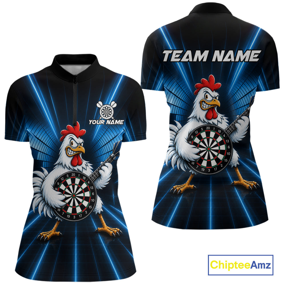 Blue Funny Chicken Playing Dartboard Guitar Custom Darts Shirts For Women, Darts Team Jersey TDM7202
