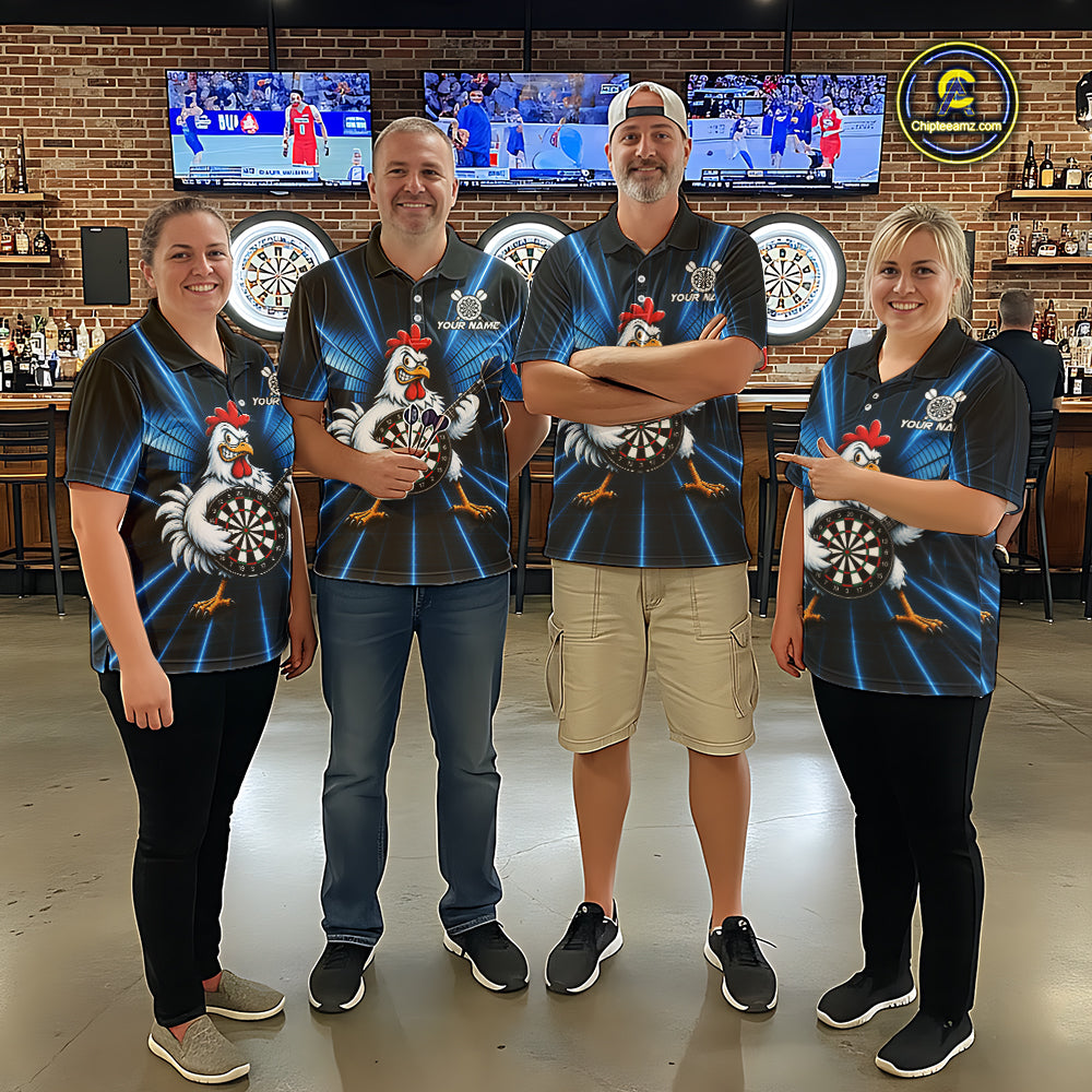 Blue Funny Chicken Playing Dartboard Guitar Custom Darts Shirts For Men, Darts Team Jersey TDM7202
