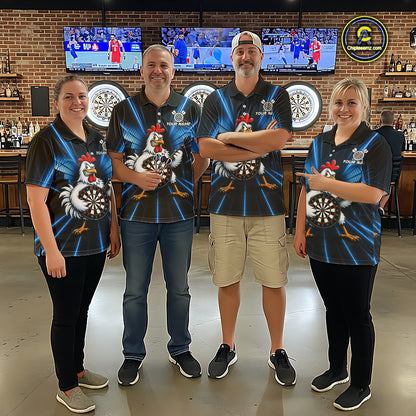 Blue Funny Chicken Playing Dartboard Guitar Custom Darts Shirts For Men, Darts Team Jersey TDM7202
