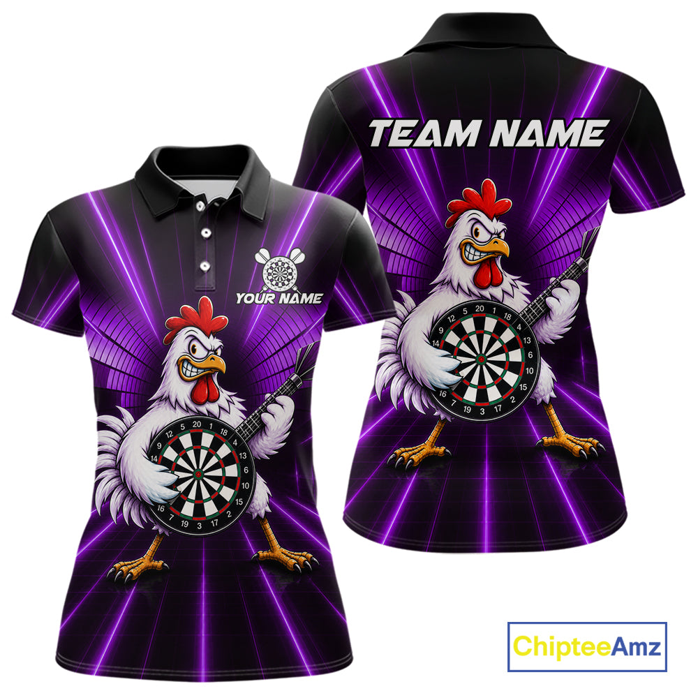 Purple Funny Chicken Playing Dartboard Guitar Custom Darts Shirts For Women, Darts Team Jersey TDM7203