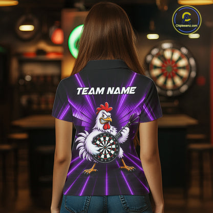 Purple Funny Chicken Playing Dartboard Guitar Custom Darts Shirts For Women, Darts Team Jersey TDM7203