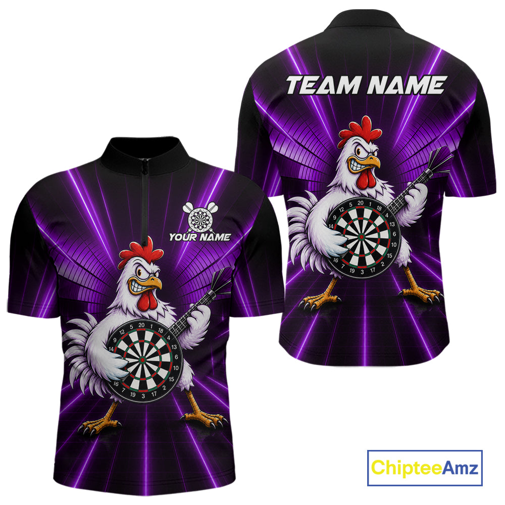 Purple Funny Chicken Playing Dartboard Guitar Custom Darts Shirts For Men, Darts Team Jersey TDM7203