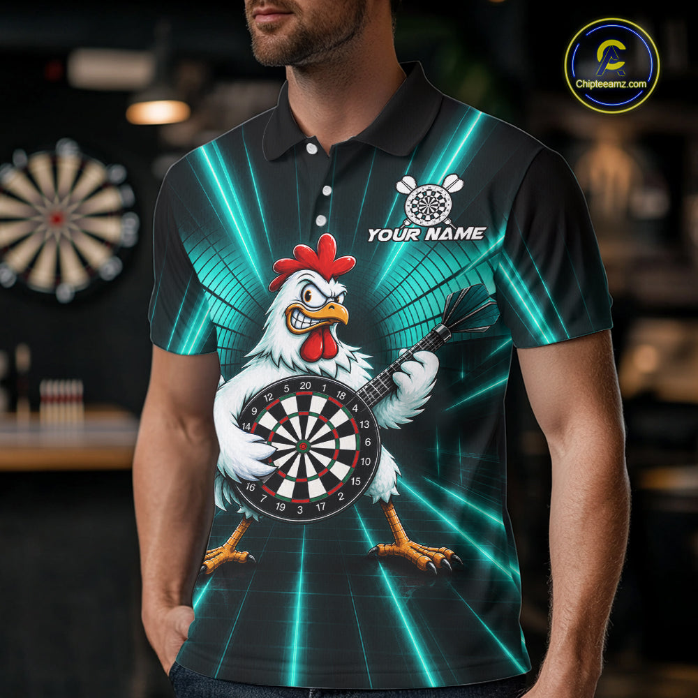 Teal Funny Chicken Playing Dartboard Guitar Custom Darts Shirts For Men, Darts Team Jersey TDM7204