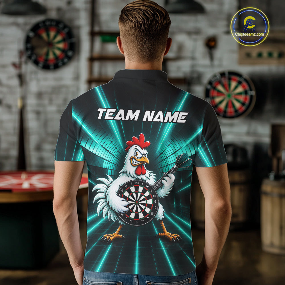 Teal Funny Chicken Playing Dartboard Guitar Custom Darts Shirts For Men, Darts Team Jersey TDM7204