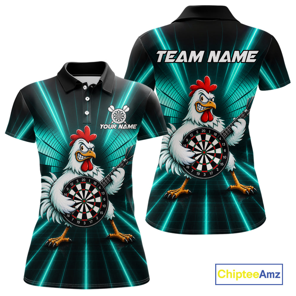Teal Funny Chicken Playing Dartboard Guitar Custom Darts Shirts For Women, Darts Team Jersey TDM7204