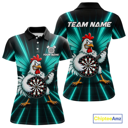 Teal Funny Chicken Playing Dartboard Guitar Custom Darts Shirts For Women, Darts Team Jersey TDM7204