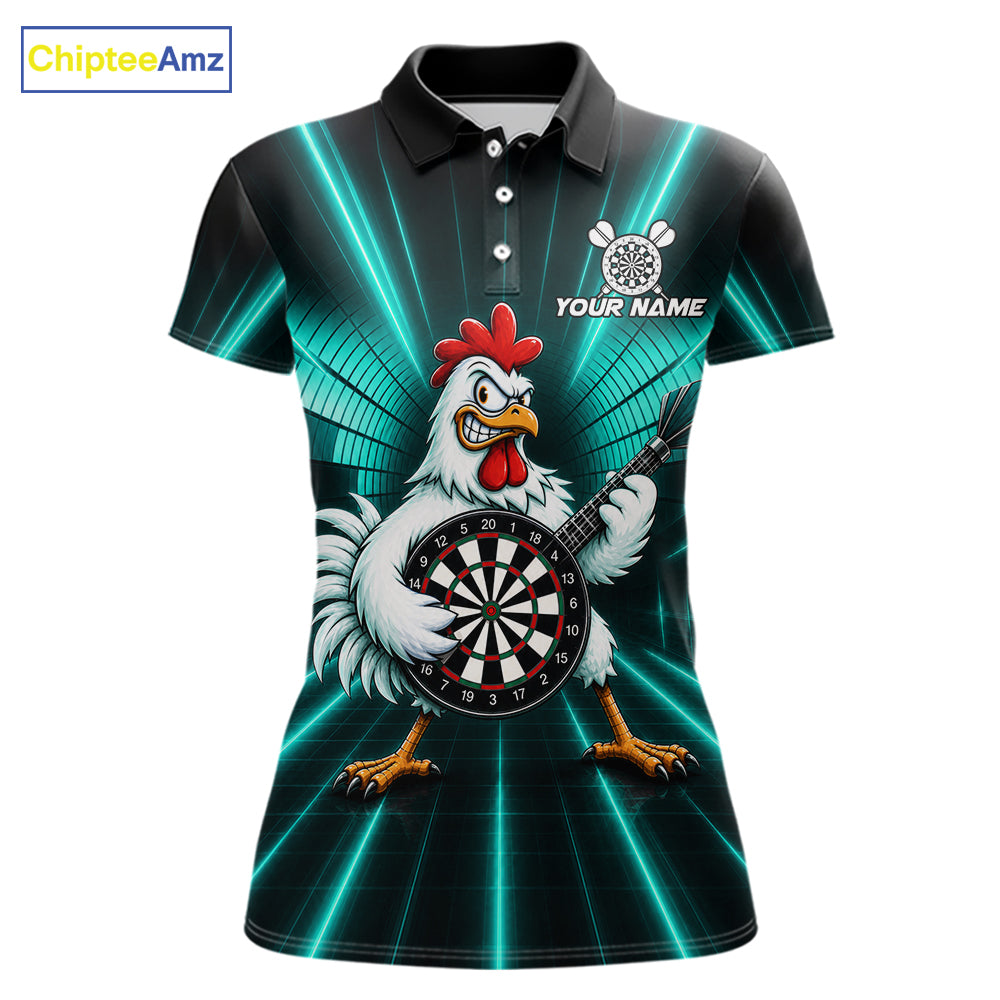 Teal Funny Chicken Playing Dartboard Guitar Custom Darts Shirts For Women, Darts Team Jersey TDM7204