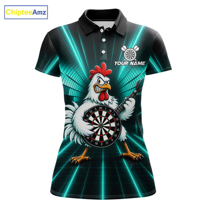 Teal Funny Chicken Playing Dartboard Guitar Custom Darts Shirts For Women, Darts Team Jersey TDM7204