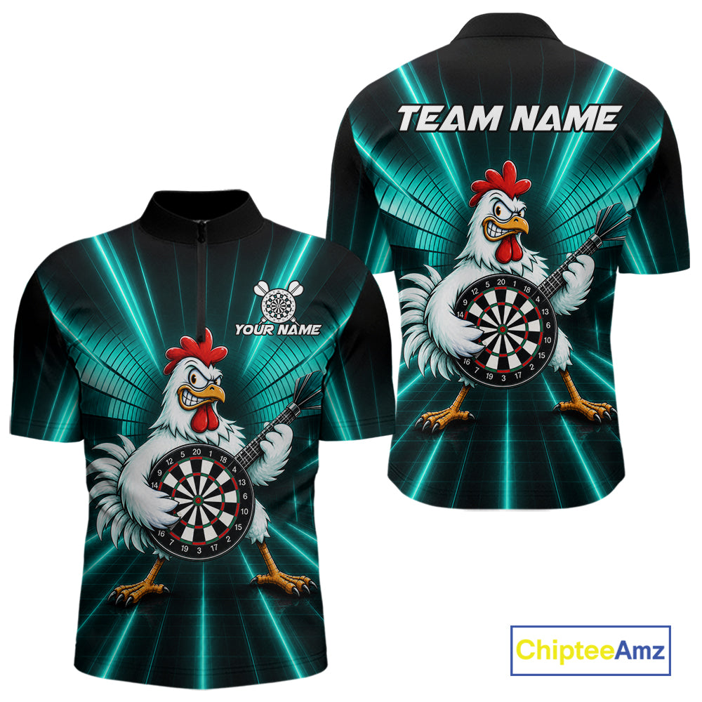 Teal Funny Chicken Playing Dartboard Guitar Custom Darts Shirts For Men, Darts Team Jersey TDM7204