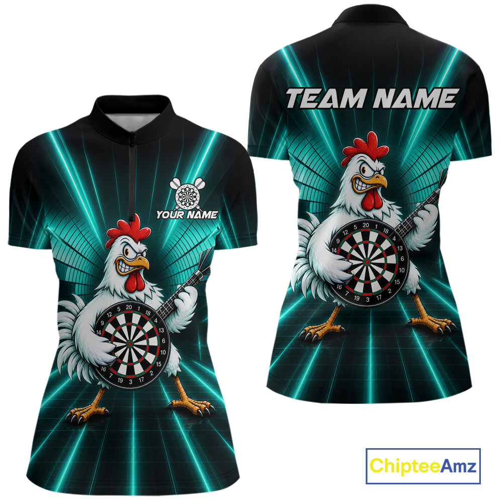 Teal Funny Chicken Playing Dartboard Guitar Custom Darts Shirts For Women, Darts Team Jersey TDM7204
